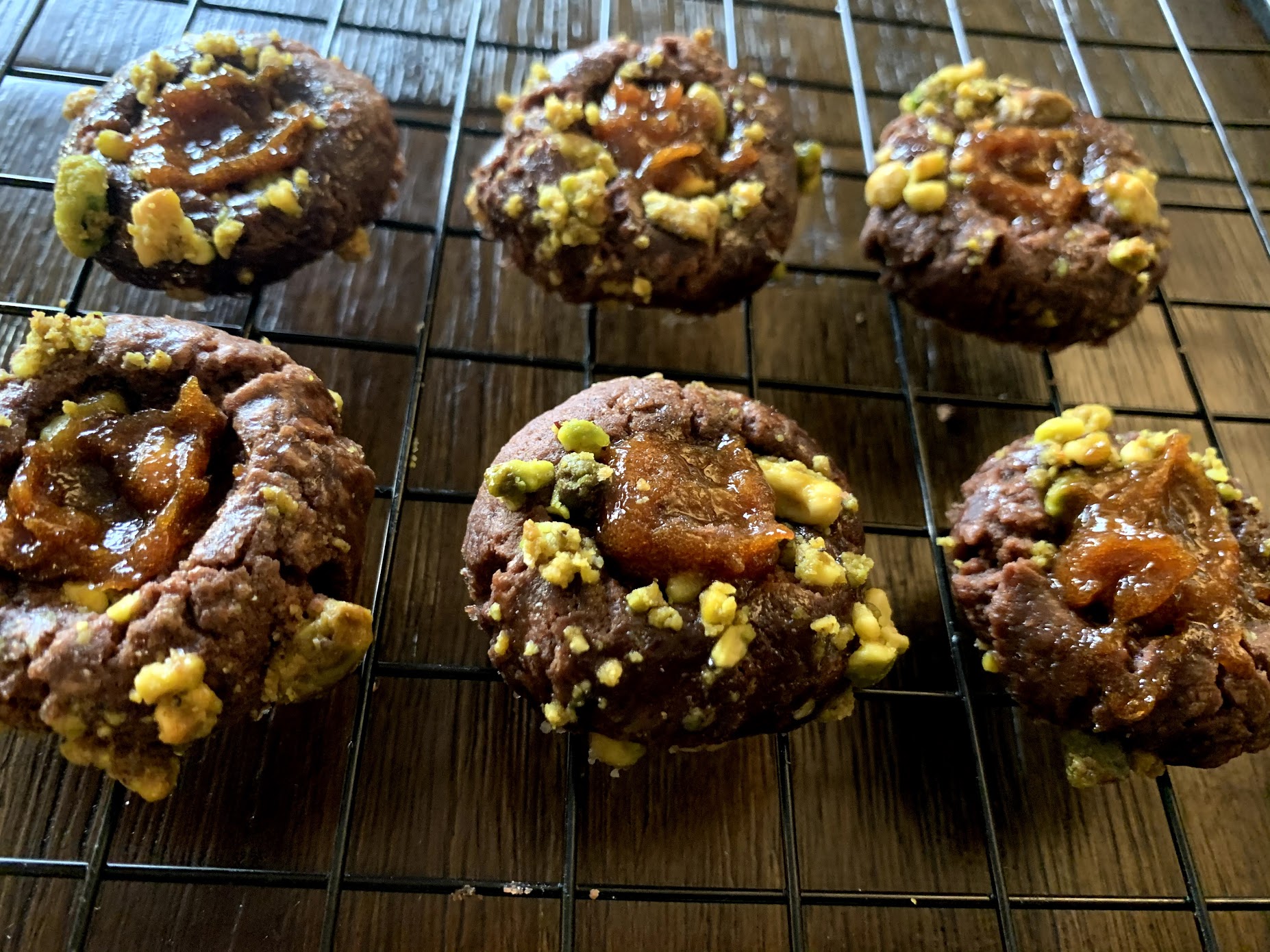 Chocolate, Pistachio, and Apricot Thumbprint Cookies